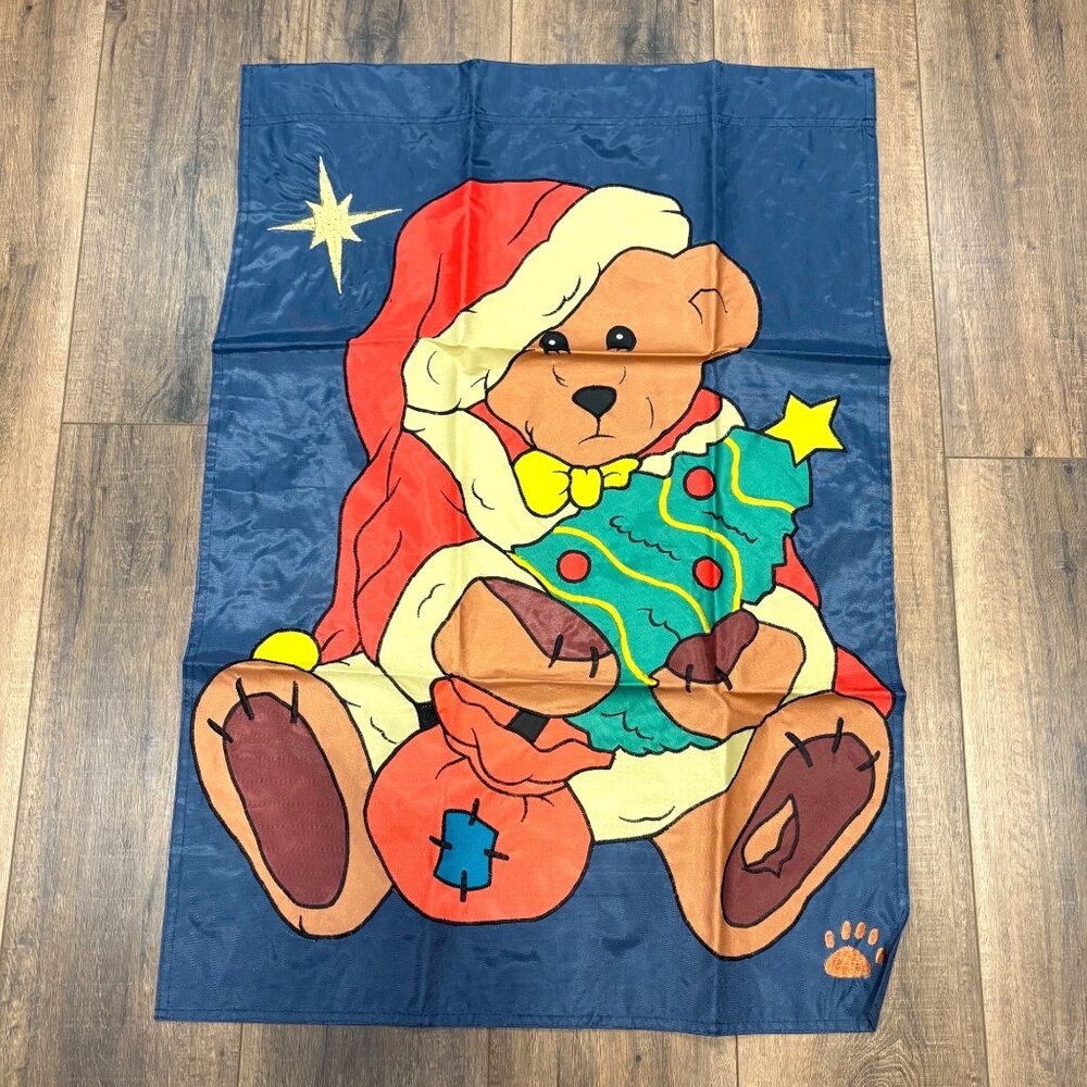 Vintage Christmas Santa Teddy Bear Wall Hanging Flag Garden‎ Tapestry 38” x 27”